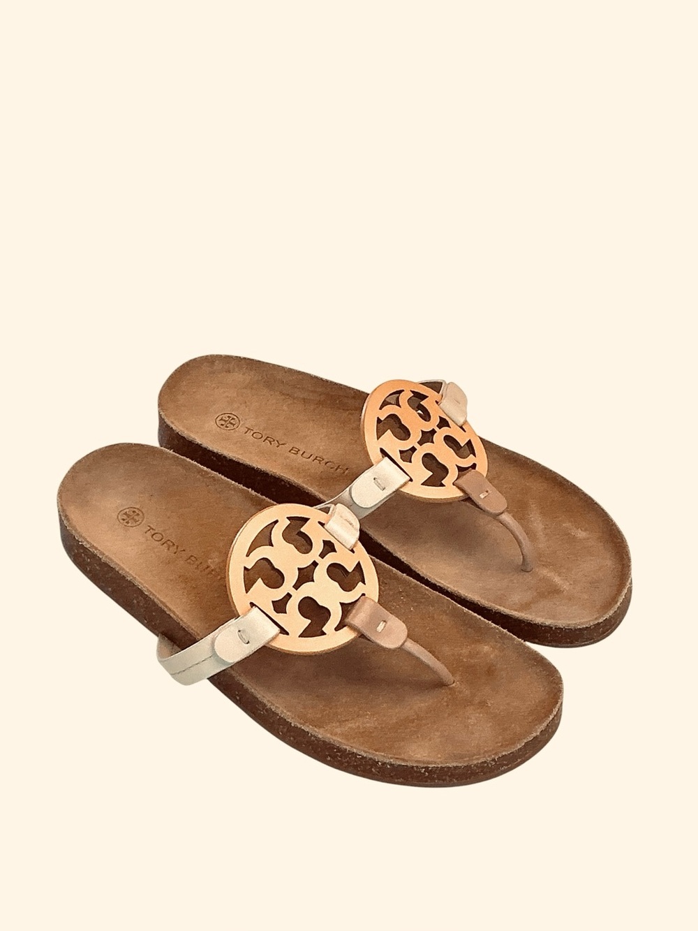 Tory Burch Miller Cloud Leather Cork Thong Cream/Tan Leather Sandal Size 9.5